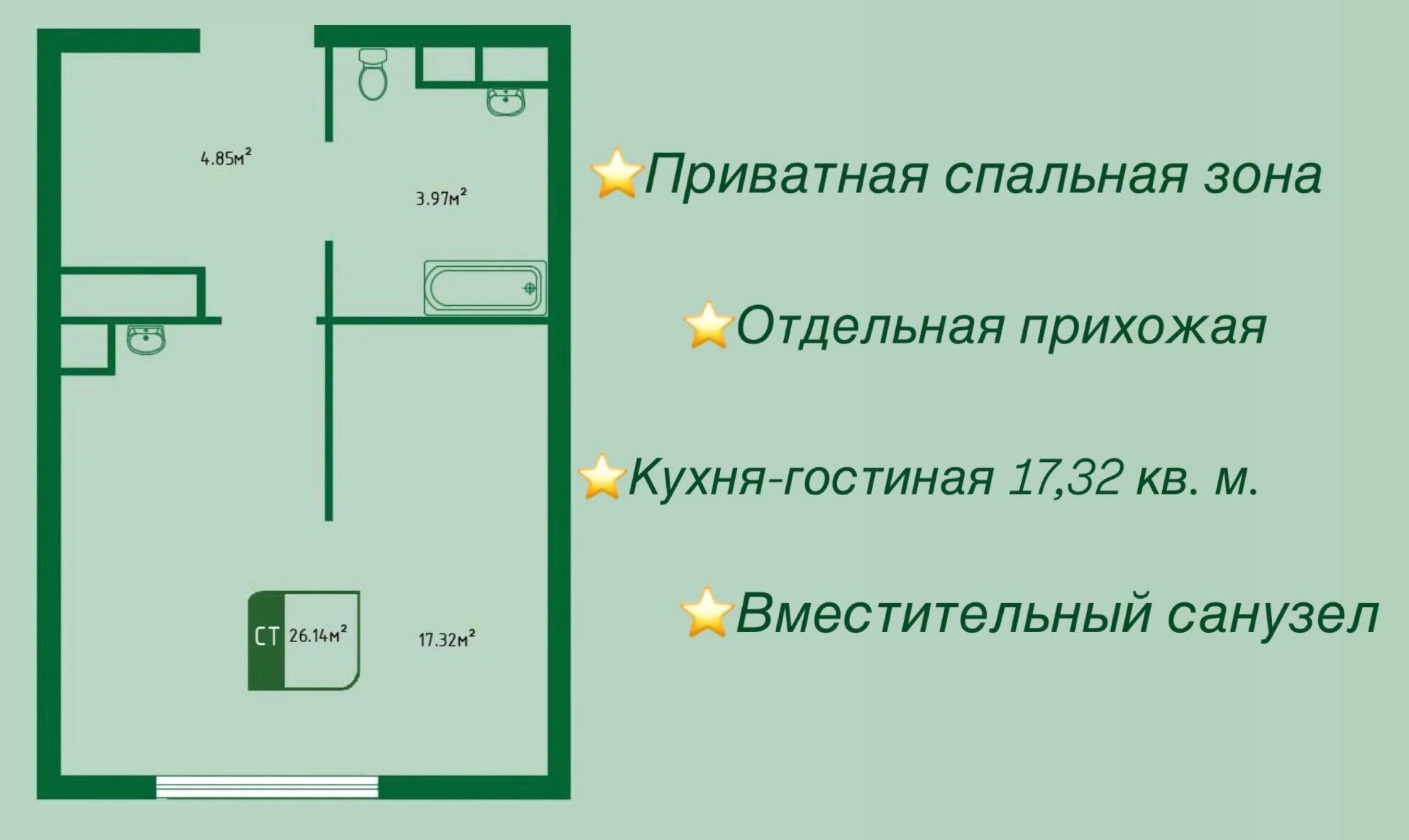 Студия 26,14 м² в готовом доме всего за 4 010 000 рублей